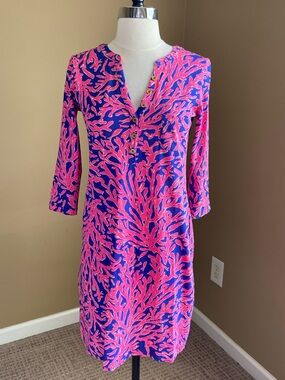 Lilly Pulitzer Alessia Coral-Print Tunic Dress, Size XSmall, 100% Cotton, Resort